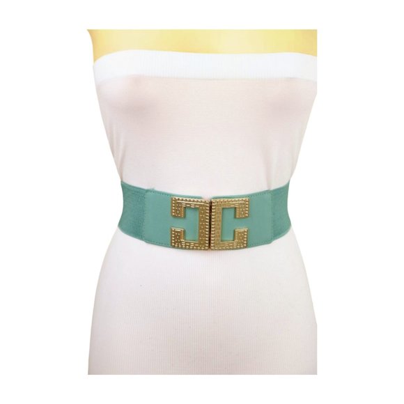 Women Jade Teal Elastic Wide Fashion Belt Hip Waist Gold Metal C Buckle Fit S M - Picture 4 of 17